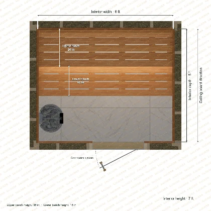 6 × 5 × 7 ft indoor sauna with straight benches, clear cedar top plan with room and bench dimensions