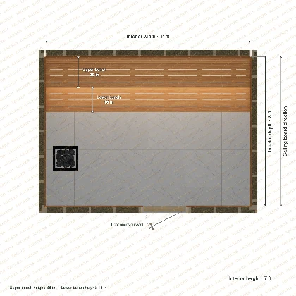 11 × 8 × 7 ft indoor sauna with straight benches, clear cedar top plan with room and bench dimensions