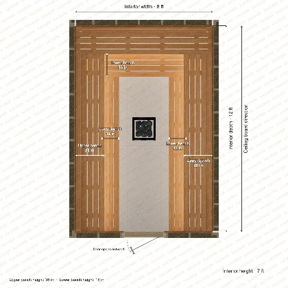 8 × 12 × 7 ft indoor sauna with u-shaped benches, clear cedar top plan with room and bench dimensions