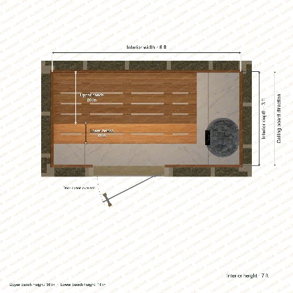 6 × 3 × 7 ft indoor sauna with straight benches, clear cedar top plan with room and bench dimensions