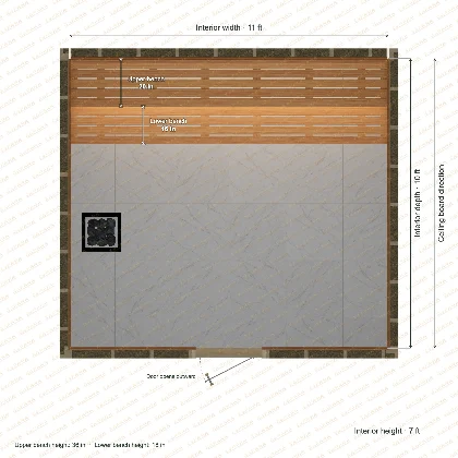 11 × 10 × 7 ft indoor sauna with straight benches, clear cedar top plan with room and bench dimensions