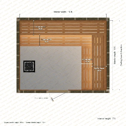 10 × 8 × 7 ft indoor sauna with upper & lower l-shaped benches, clear cedar top plan with room and bench dimensions