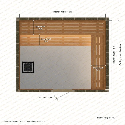 10 × 8 × 7 ft indoor sauna with upper l-shaped benches, clear cedar top plan with room and bench dimensions