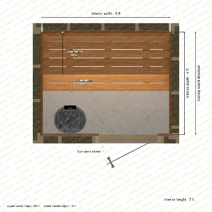 5 × 4 × 7 ft indoor sauna with straight benches, clear cedar top plan with room and bench dimensions
