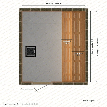 8 × 9 × 7 ft indoor sauna with straight benches, clear cedar top plan with room and bench dimensions