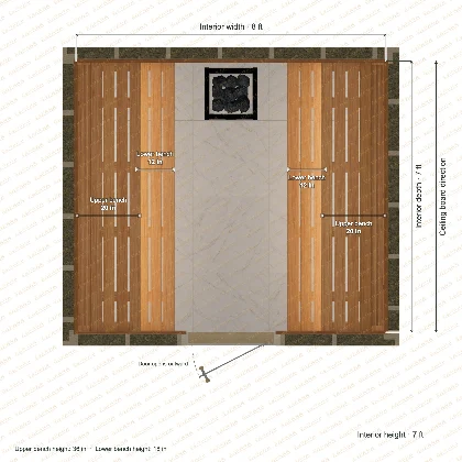 8 × 7 × 7 ft indoor sauna with opposing side benches, clear cedar top plan with room and bench dimensions