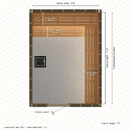 8 × 11 × 7 ft indoor sauna with upper l-shaped benches, clear cedar top plan with room and bench dimensions