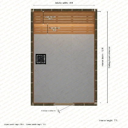8 × 12 × 7 ft indoor sauna with straight benches, clear cedar top plan with room and bench dimensions