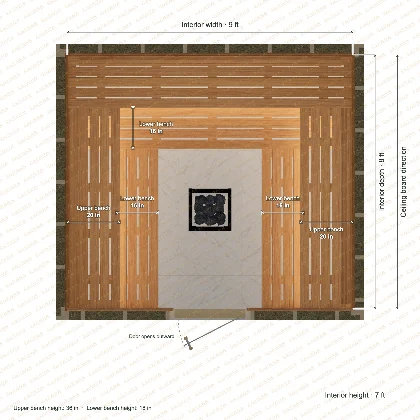 9 × 8 × 7 ft indoor sauna with u-shaped benches, clear cedar top plan with room and bench dimensions