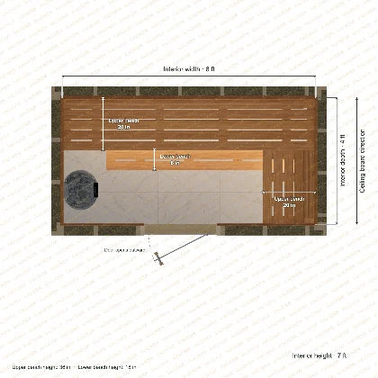 8 × 4 × 7 ft indoor sauna with upper l-shaped benches, clear cedar top plan with room and bench dimensions