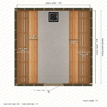 10 × 10 × 7 ft indoor sauna with opposing side benches, clear cedar top plan with room and bench dimensions