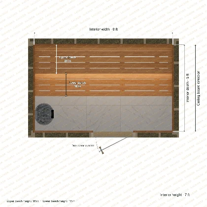 8 × 5 × 7 ft indoor sauna with straight benches, clear cedar top plan with room and bench dimensions