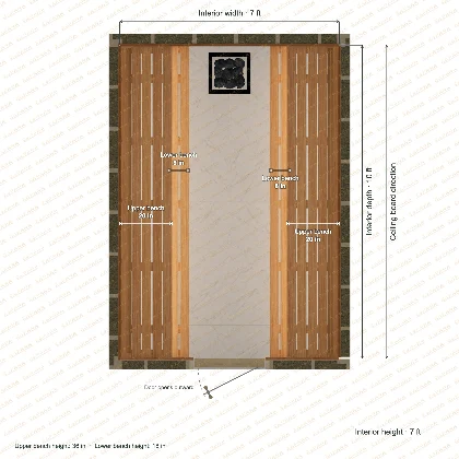 7 × 10 × 7 ft indoor sauna with opposing side benches, clear cedar top plan with room and bench dimensions