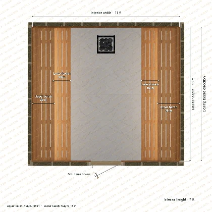11 × 10 × 7 ft indoor sauna with opposing side benches, clear cedar top plan with room and bench dimensions