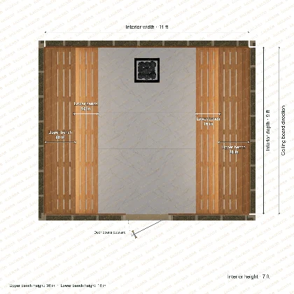 11 × 9 × 7 ft indoor sauna with opposing side benches, clear cedar top plan with room and bench dimensions