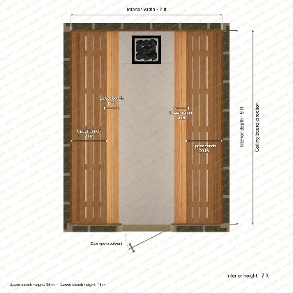 7 × 9 × 7 ft indoor sauna with opposing side benches, clear cedar top plan with room and bench dimensions