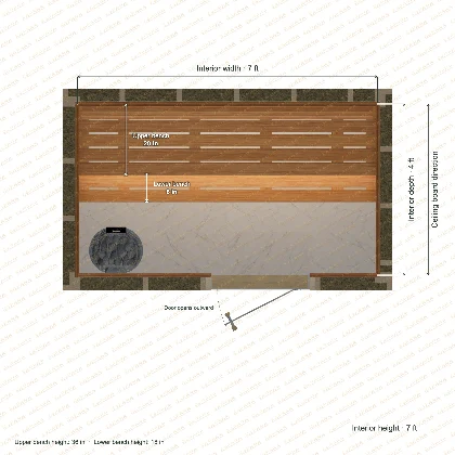 7 × 4 × 7 ft indoor sauna with straight benches, clear cedar top plan with room and bench dimensions