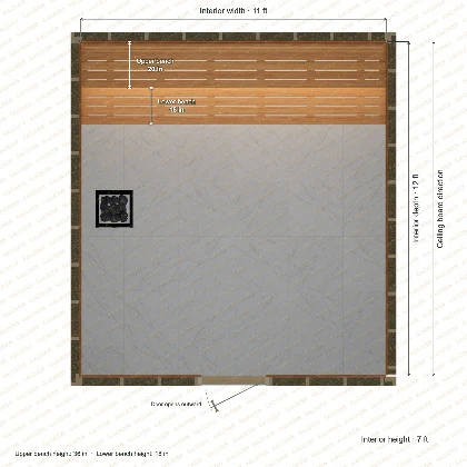 11 × 12 × 7 ft indoor sauna with straight benches, clear cedar top plan with room and bench dimensions