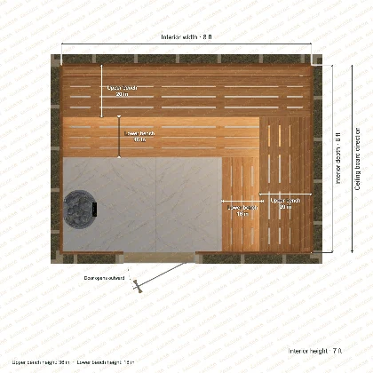 8 × 6 × 7 ft indoor sauna with upper & lower l-shaped benches, clear cedar top plan with room and bench dimensions