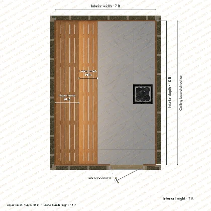 7 × 10 × 7 ft indoor sauna with straight benches, clear cedar top plan with room and bench dimensions