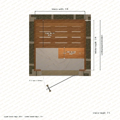 3 × 3 × 7 ft indoor sauna with straight benches, clear cedar top plan with room and bench dimensions