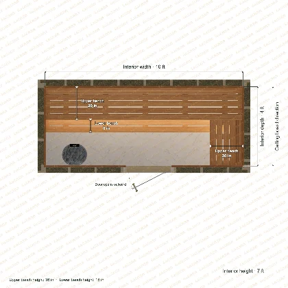 10 × 4 × 7 ft indoor sauna with upper l-shaped benches, clear cedar top plan with room and bench dimensions