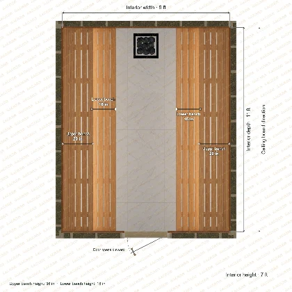 9 × 11 × 7 ft indoor sauna with opposing side benches, clear cedar top plan with room and bench dimensions