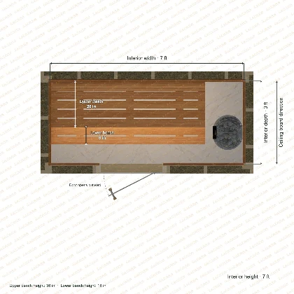 7 × 3 × 7 ft indoor sauna with straight benches, clear cedar top plan with room and bench dimensions