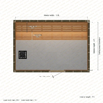 12 × 8 × 7 ft indoor sauna with straight benches, clear cedar top plan with room and bench dimensions