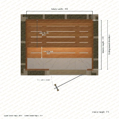 4 × 3 × 7 ft indoor sauna with straight benches, clear cedar top plan with room and bench dimensions