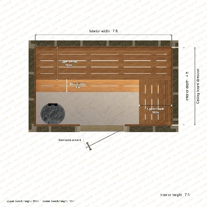 7 × 4 × 7 ft indoor sauna with upper l-shaped benches, clear cedar top plan with room and bench dimensions