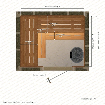 5 × 4 × 7 ft indoor sauna with upper & lower l-shaped benches, clear cedar top plan with room and bench dimensions