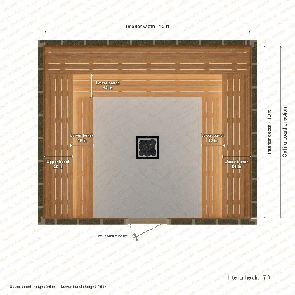 12 × 10 × 7 ft indoor sauna with u-shaped benches, clear cedar top plan with room and bench dimensions