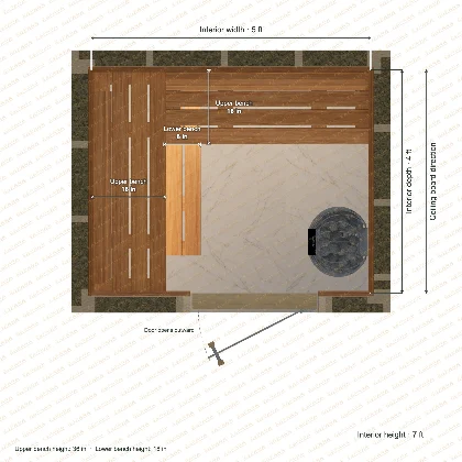 5 × 4 × 7 ft indoor sauna with upper l-shaped benches, clear cedar top plan with room and bench dimensions