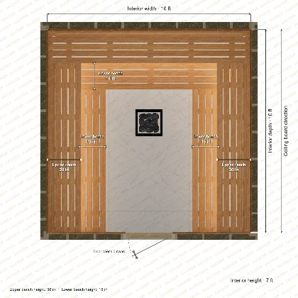 10 × 10 × 7 ft indoor sauna with u-shaped benches, clear cedar top plan with room and bench dimensions