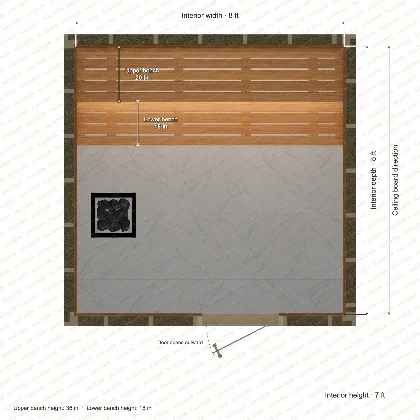 8 × 8 × 7 ft indoor sauna with straight benches, clear cedar top plan with room and bench dimensions