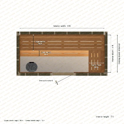 9 × 4 × 7 ft indoor sauna with upper l-shaped benches, clear cedar top plan with room and bench dimensions