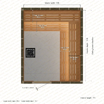 8 × 10 × 7 ft indoor sauna with upper & lower l-shaped benches, clear cedar top plan with room and bench dimensions