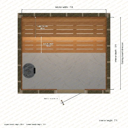 7 × 6 × 7 ft indoor sauna with straight benches, clear cedar top plan with room and bench dimensions