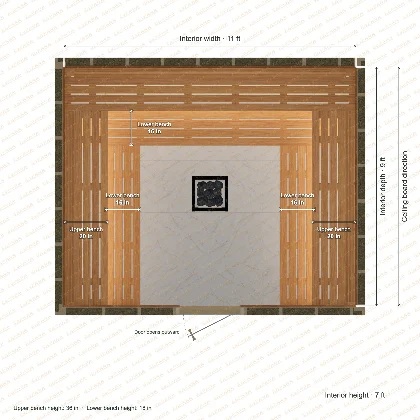 11 × 9 × 7 ft indoor sauna with u-shaped benches, clear cedar top plan with room and bench dimensions