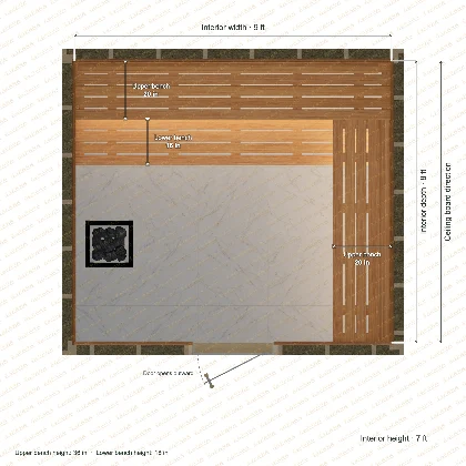 9 × 8 × 7 ft indoor sauna with upper l-shaped benches, clear cedar top plan with room and bench dimensions