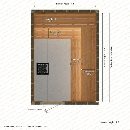 7 × 10 × 7 ft indoor sauna with upper & lower l-shaped benches, clear cedar top plan with room and bench dimensions