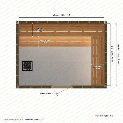 11 × 8 × 7 ft indoor sauna with upper l-shaped benches, clear cedar top plan with room and bench dimensions