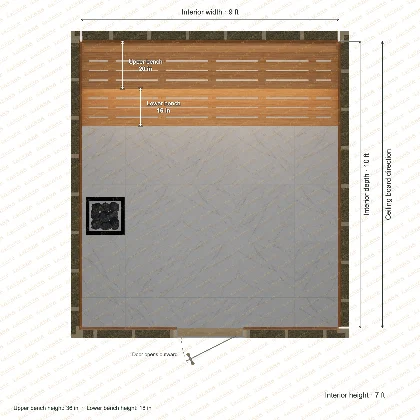 9 × 10 × 7 ft indoor sauna with straight benches, clear cedar top plan with room and bench dimensions