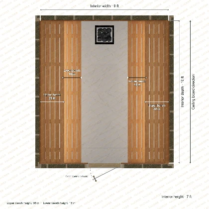9 × 10 × 7 ft indoor sauna with opposing side benches, clear cedar top plan with room and bench dimensions
