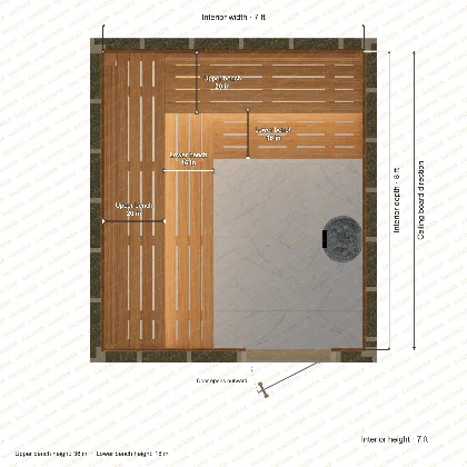 7 × 8 × 7 ft indoor sauna with upper & lower l-shaped benches, clear cedar top plan with room and bench dimensions