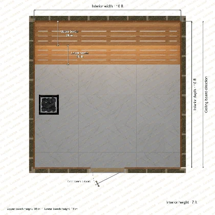 10 × 10 × 7 ft indoor sauna with straight benches, clear cedar top plan with room and bench dimensions