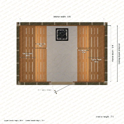 9 × 6 × 7 ft indoor sauna with opposing side benches, clear cedar top plan with room and bench dimensions