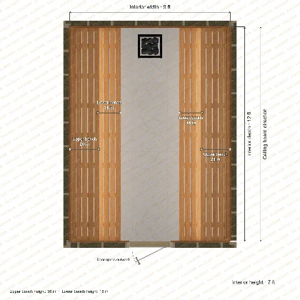 9 × 12 × 7 ft indoor sauna with opposing side benches, clear cedar top plan with room and bench dimensions