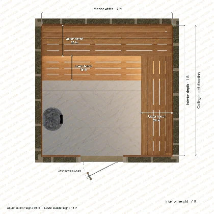 7 × 7 × 7 ft indoor sauna with upper l-shaped benches, clear cedar top plan with room and bench dimensions